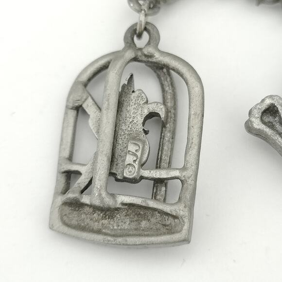 Vintage JJ Jonette Silver Tone Cat & Bird in cage Dangle Articulated Brooch Pin - Picture 3 of 7